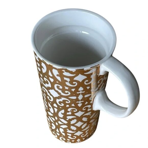 CYPRESS HOMES 17oz gold foil lace design travel mug handle celestial holiday EUC - Picture 13 of 14